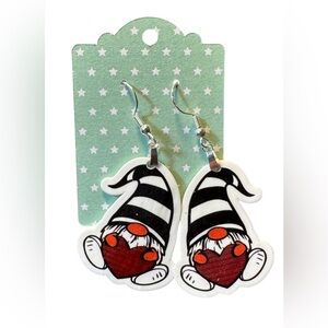 Valentine’s Day Gnome Sitting Holding Red Heart Dangle Pierced Earrings New